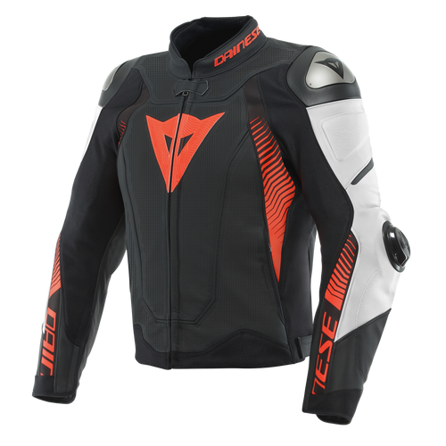 DAINESE SUPER SPEED 4 PERFORATED MATTE BLACK/WHITE/FLURO RED LEATHER JACKET