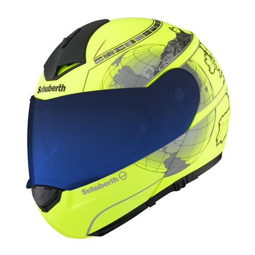 SCHUBERTH C3 PRO FLUORESCENT YELLOW EUROPE HELMET WITH SV1 BLUE MIRRORED VISOR AND PINLOCK70