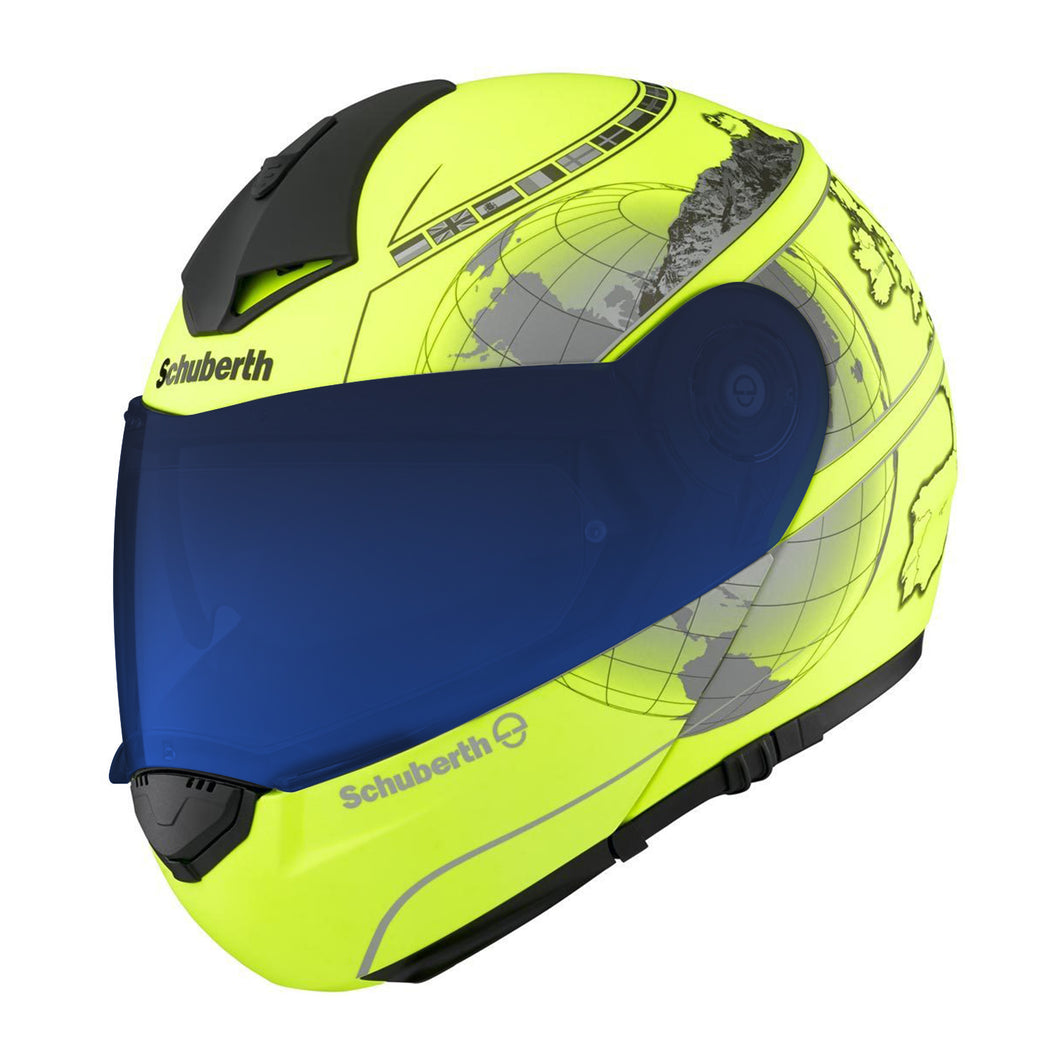 SCHUBERTH C3 PRO FLUORESCENT YELLOW EUROPE HELMET WITH SV1 BLUE MIRRORED VISOR AND PINLOCK70