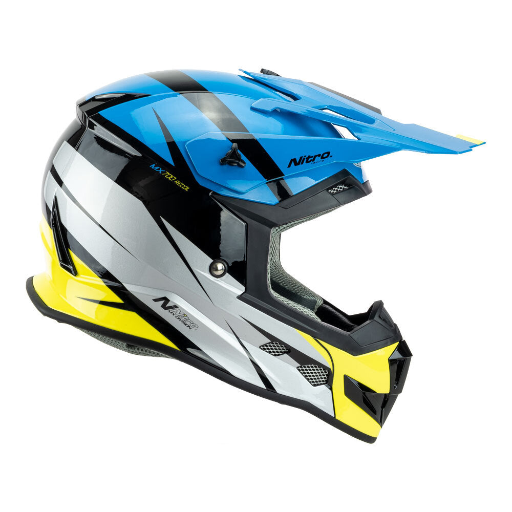 NITRO MX700 RECOIL MOTOCROSS HELMET BLACK/LIGHT BLUE/SILVER/FLURO YELLOW