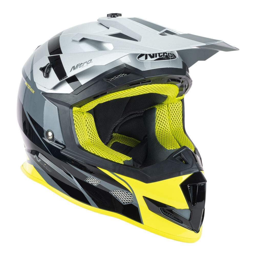 NITRO MX700 RECOIL MOTOCROSS HELMET GUNMETAL/BLACK/SILVER/FLURO YELLOW
